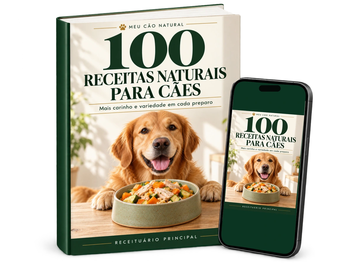 Pacote Básico: livro 100 Receitas Naturais para Cães e a mesma capa na tela do celular